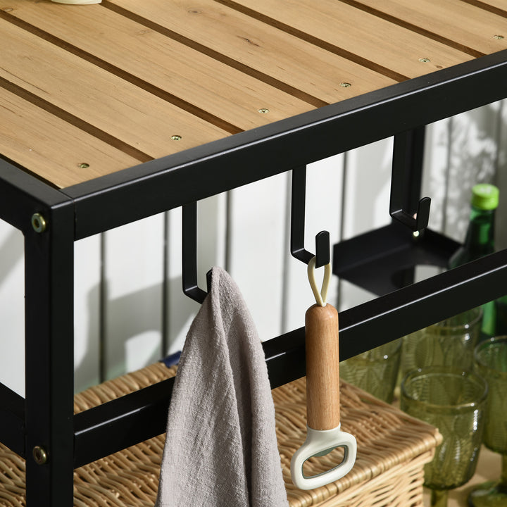 Serveringsvogn i industriel stil, vejrbestandig, 3 kroge, 1 hylde, 107 cm x 65 cm x 80 cm, sort + natur