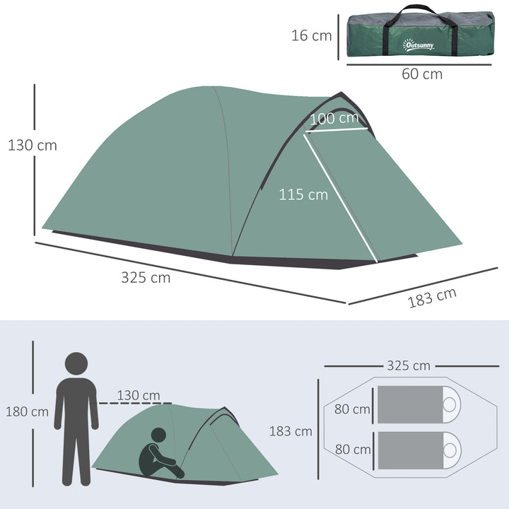 2-Personers campingtelt, netåbninger, lampekrog, bæretaske, grå+gul
