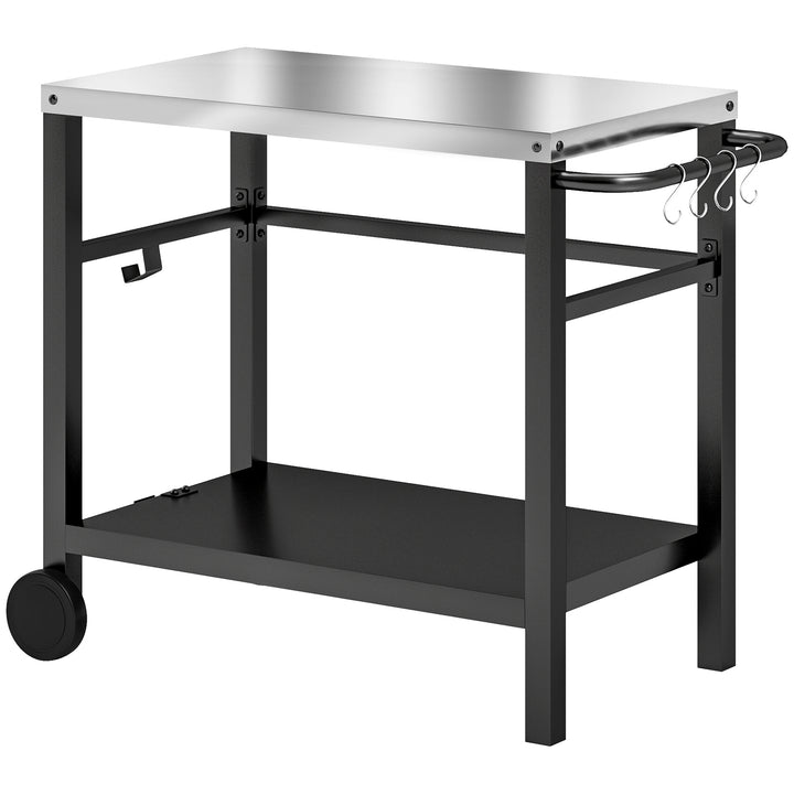 Grillvogn, serveringsvogn med 2 niveauer, arbejdsflade, hylder, kroge, hjul, rustfrit stål, 102 x 56 x 81 cm