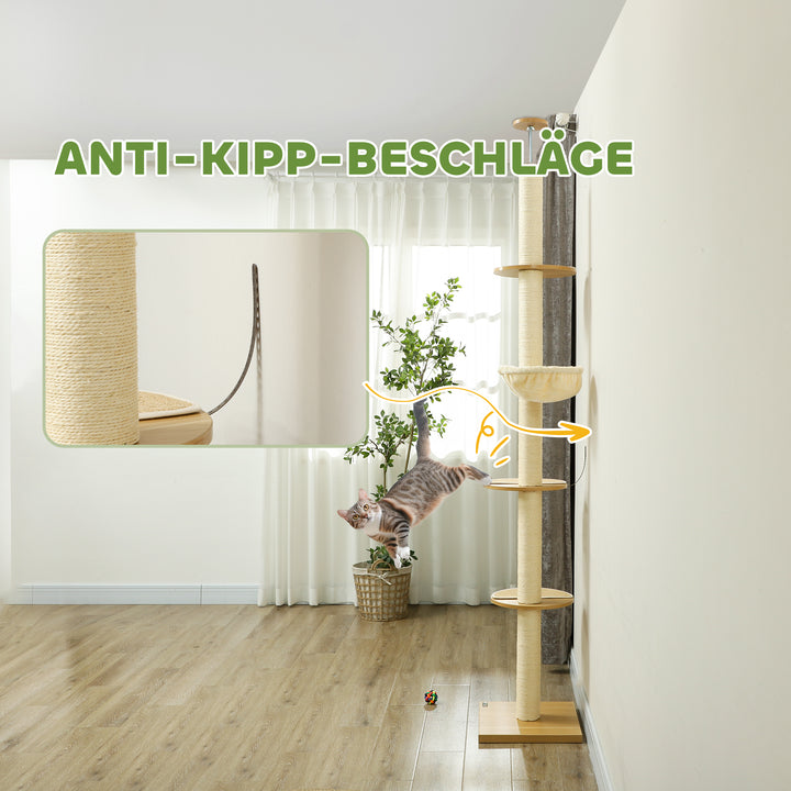 Lofthøjt kradsetræ, anti-tip sikkerhed, sisal rebstolper, konstrueret træ, eg + cremehvid
