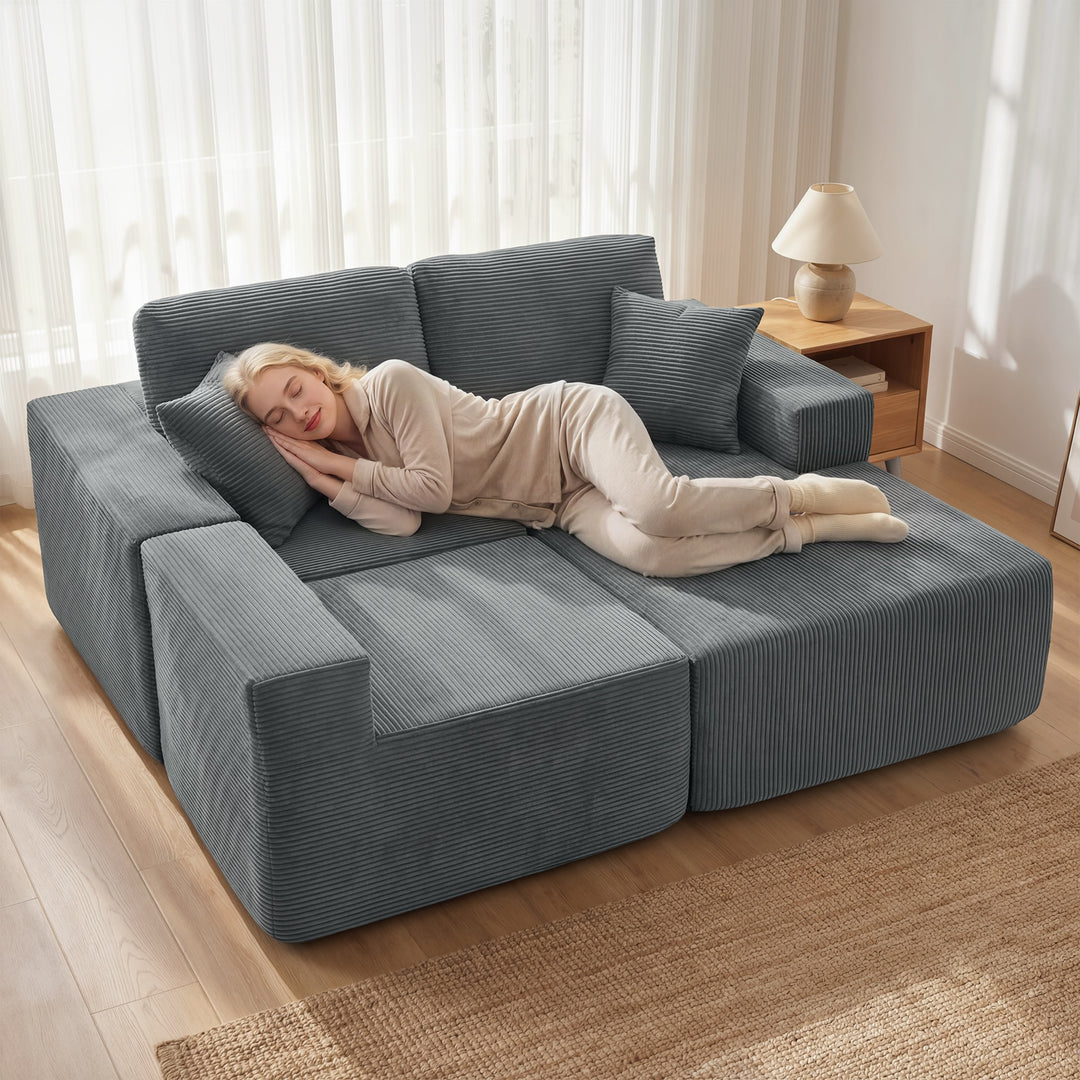 Modulær hjørnesofa, L-formet sovesofa med dybt sæde, brede armlæn, 2 hynder, mørkegrå