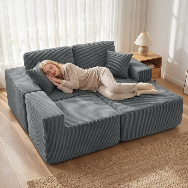 Modulær hjørnesofa, L-formet sovesofa med dybt sæde, brede armlæn, 2 hynder, mørkegrå