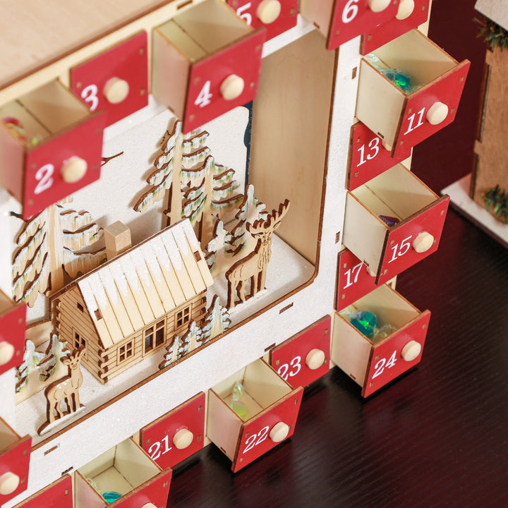 Led-julekalender med landsbyscene, 24 store skuffer, mdf, 34 x 7 x 34 cm, rød