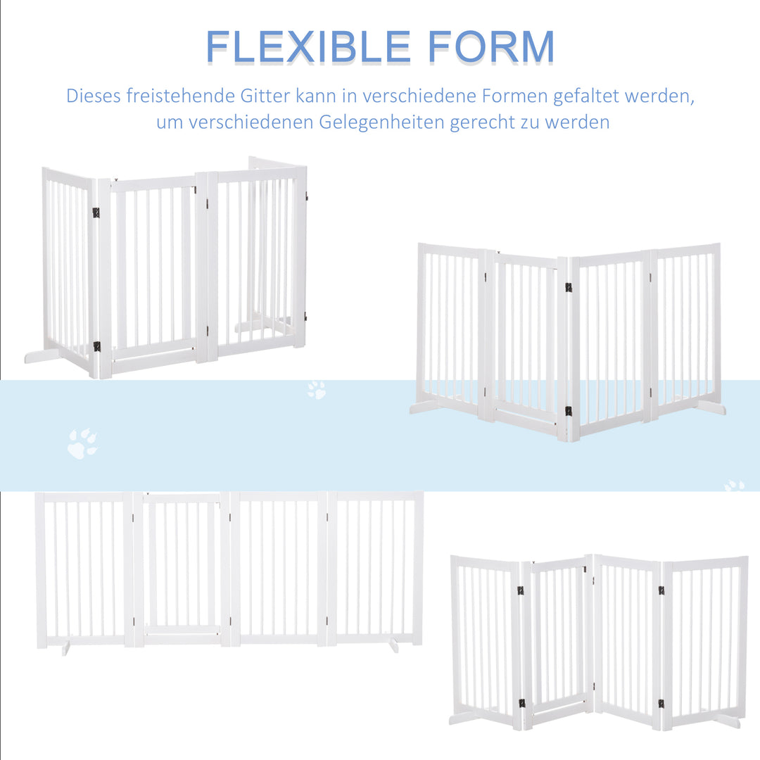 Hundesikkerhedsgitter, sæt med 4 dele, 220 x 91 cm, foldbart, med dør, fritstående hundegitter med 2 støttefødder, trætrappegitter til entré, køkken, trappe, hvid