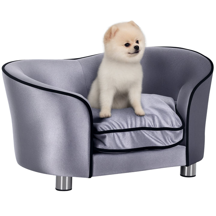 Hundesofa, hundeseng, vaskbar sædehynde, plysbetræk, naturlig træramme, lysegrå, 69 x 49 x 38 cm