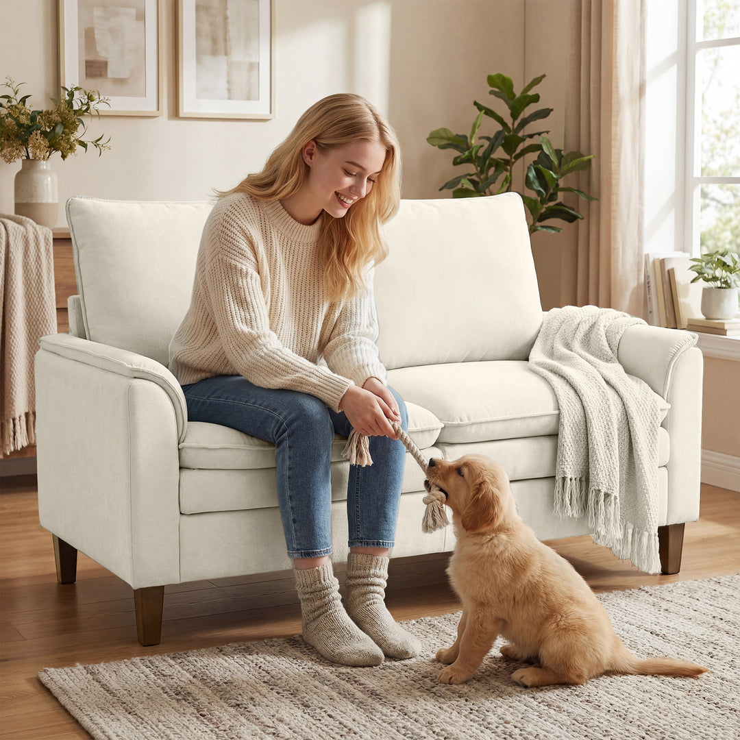 146 cm to-personers sofa, chenille sofa med dobbeltbetræk, fjerhynder, dybt sæde, højt ryglæn, cremefarvet