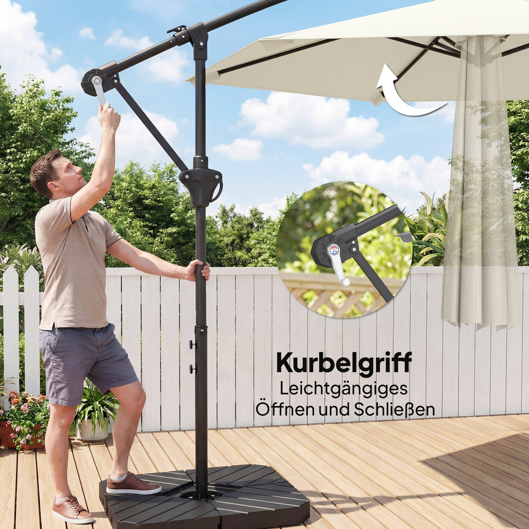 Fritstående parasol ca. Ø300 cm, solskærm med låsemekanisme, håndsving, stativ, vægte, cremehvid