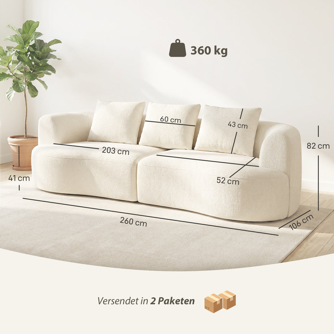 3-personers sofa, 260 cm chenillesofa med bredt sæde, polstring med fjederkerne, højdensitetsskum, 3 cremefarvede hynder