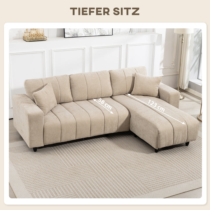 L-formet hjørnesofa med fleksibel chaiselong, 3-personers sofa med 2 hynder, metalstel, til stue, beige