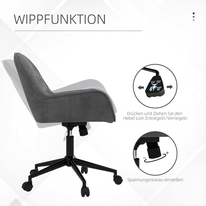 Kontorstol, skrivebordsstol, computerstol, højdejusterbar, fløjlslook, grå