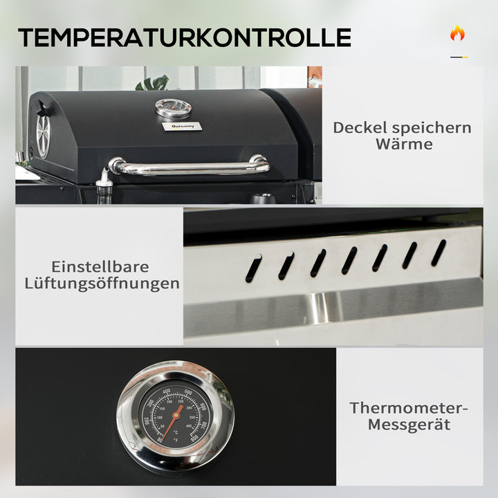 Gasgrill, inklusive termometer og varmeplader, 161 x 54 x 103 cm, sort og sølv