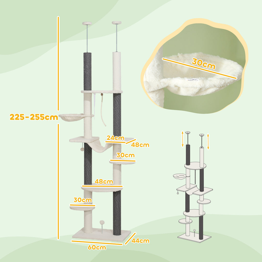 Kradsetræ, lofthøjde, justerbar 225-255 cm, platforme og hængekøjer, anti-tippe, hvid