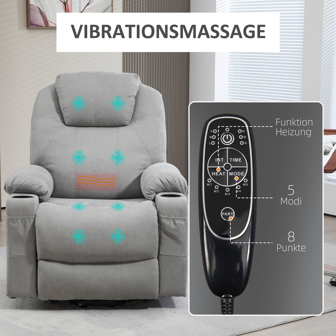 Massagestol stand-up aid seniorstol, 8 vibrationspunkter, 2 sidelommer, kopholder, 90 x 101 x 107 cm, grå