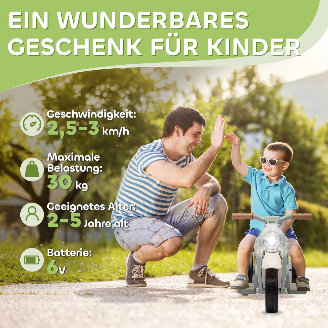 El-motorcykel til børn, 6v børnemotorcykel med musik, blæser 2,5-3 km/t, til 2-5 år gamle børn