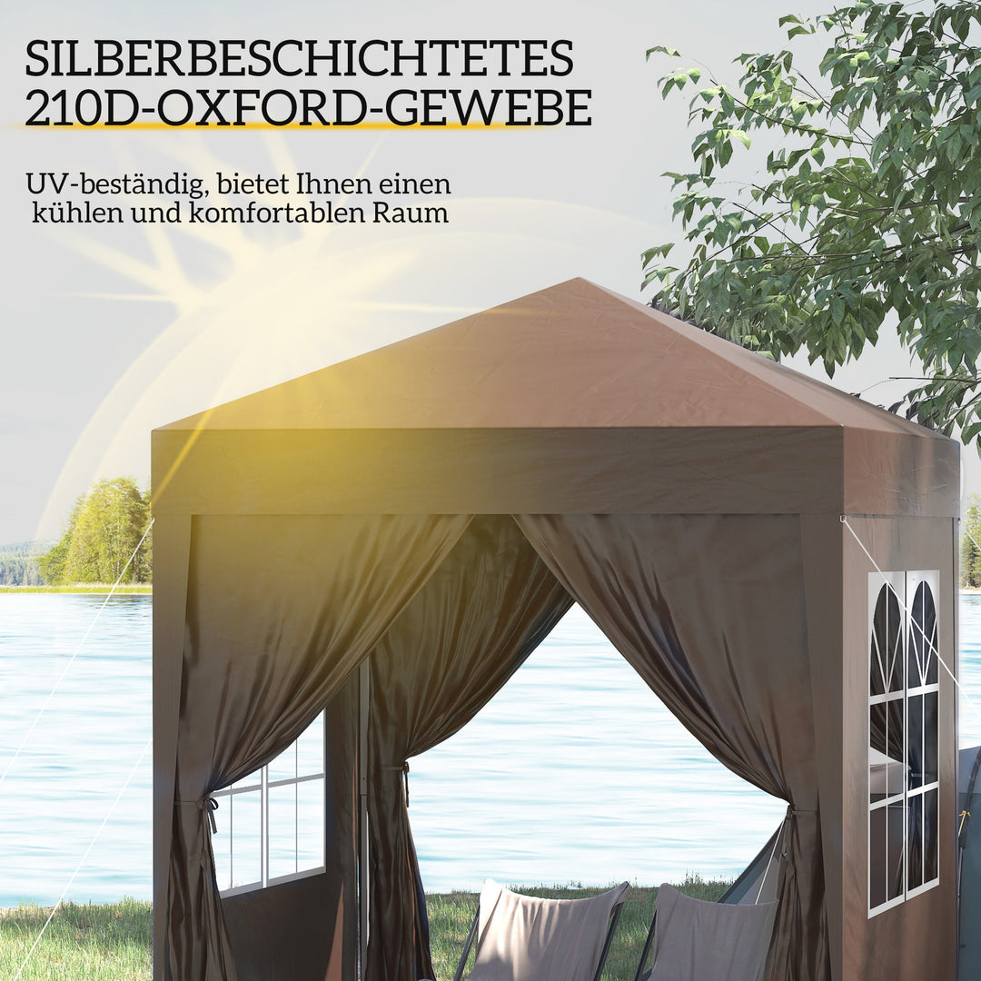 Pop-up-pavillon, øltelt, 4 aftagelige sidevægge, 2 vinduer, metalramme, 2 x 2m, brun