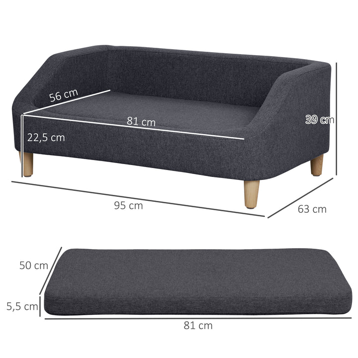 Hundesofa, kæledyrssofa, kattesofa, hundeseng til mellemstore og store hunde, hundesofa med forhøjet design, hundestol med træben, mørkegrå, 95 x 63 x 39 cm