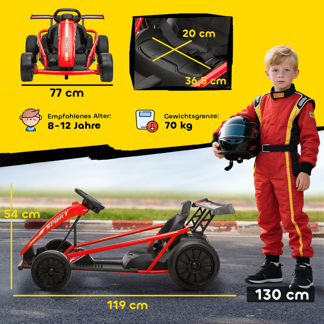 24V elektrisk gokart til kørsel og drifting, nylondæk, sikkerhedssele, horn, musik, til alderen 8-12, rød