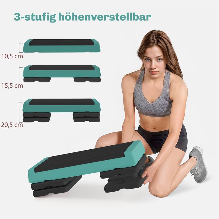 Højdejusterbart stepbræt, fitness aerobic stepper med 3 niveauer (10,5/15,5/20,5 cm), skridsikker grøn
