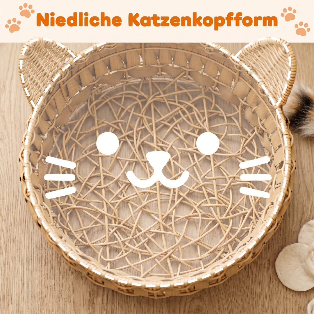 Rattan katteseng, kattehule med aftagelig hynde, kattekurv til katte op til 10 kg, 50 x 50 x 25 cm, lysebrun