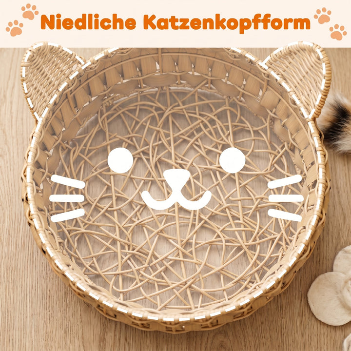Rattan katteseng, kattehule med aftagelig hynde, kattekurv til katte op til 10 kg, 50 x 50 x 25 cm, lysebrun