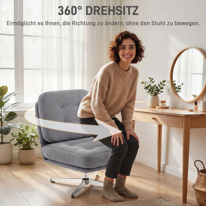Drejelig accentstol, polstret læsestol med chenille, bredt sæde, fjerhynde og metalben, lysegrå