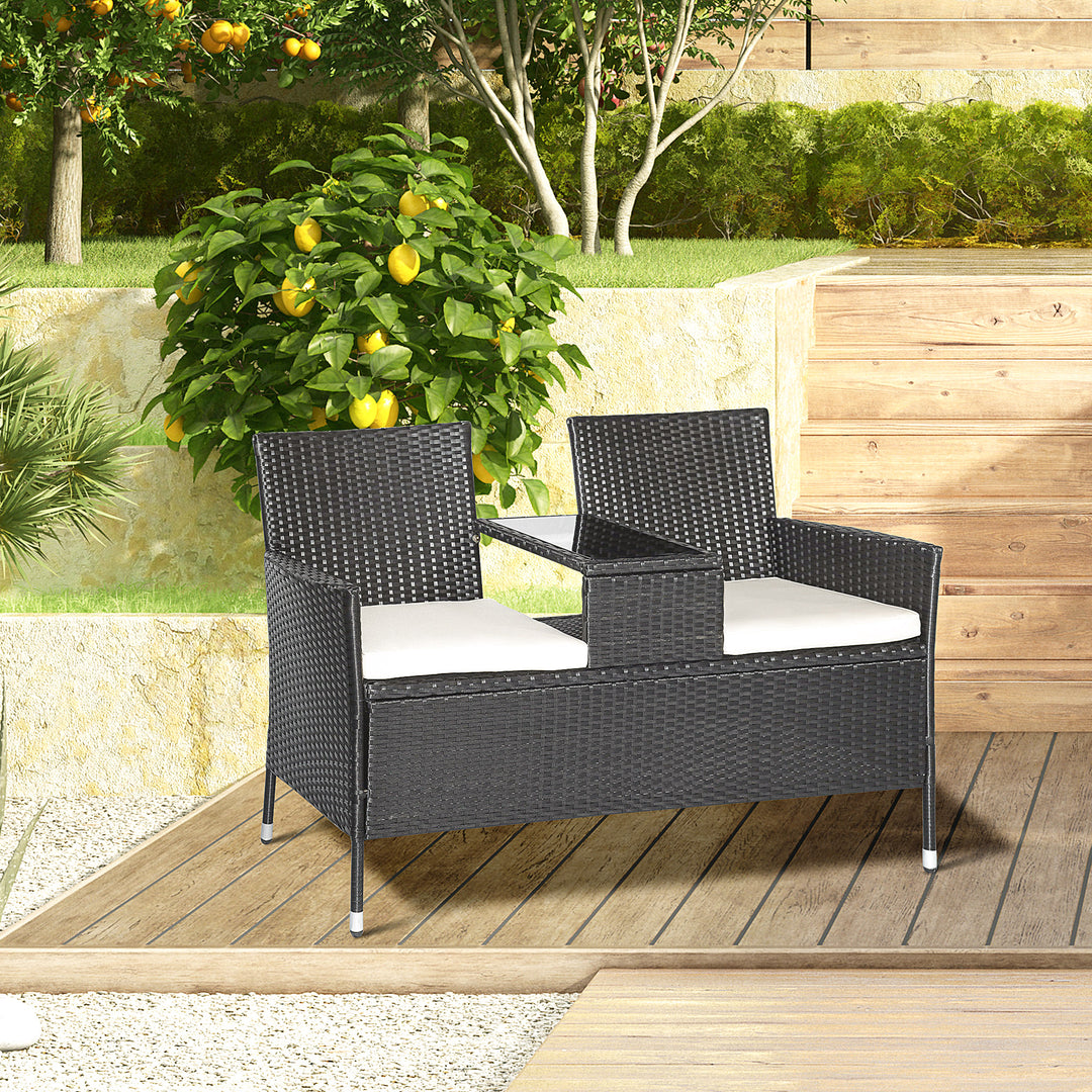Havebænk polyrattan 2-personers uv-bestandig bænk med bordhynde ryglæn havemøbler parkbænk op til 240 kg lasteevne balkonbænk til haveterrasse balkon 133x63x84cm, sort