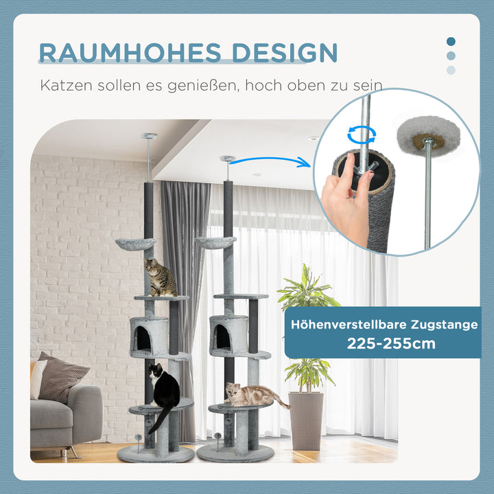 Kradsetræ med loftstrammer, hængekøje, hus, platforme, legebold, 225-255 cm, grå