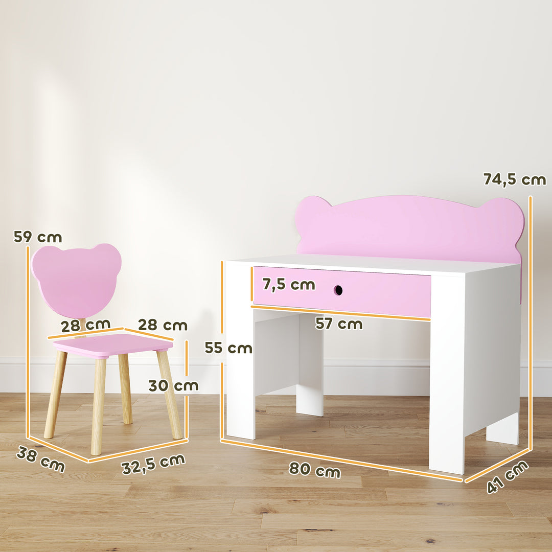 Børne skrivebordssæt, bjørneformet skrivebord og stol med skuffe, til skrivning og kreativitet, alder 3-8, pink