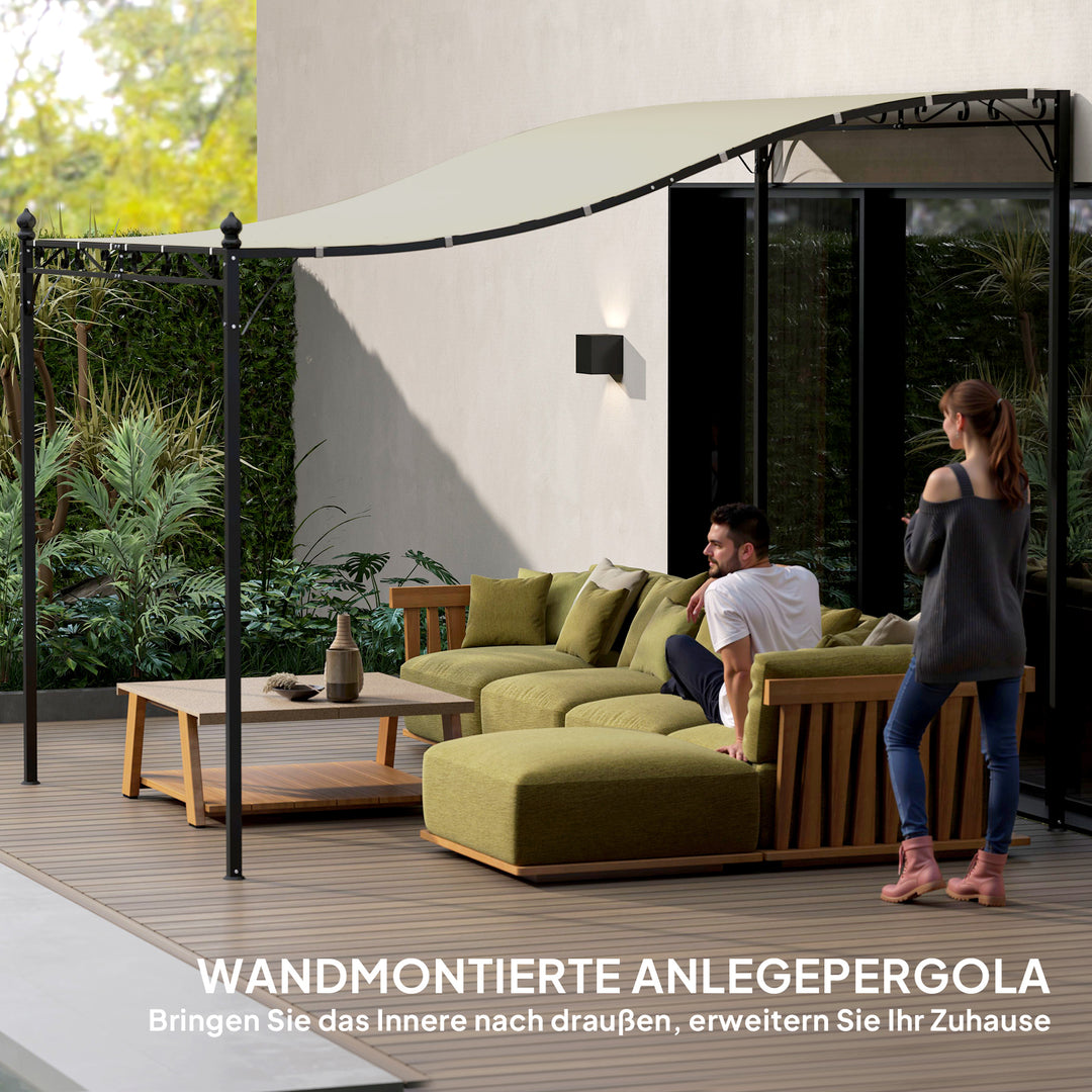 3 x 2,5 m pergola, vægmonteret havepavillon, vandafvisende, metalramme, drænhuller, skyggetag, cremehvid