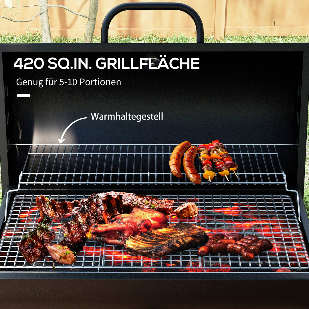 Metalkulgrill BBQ-ryger med låg, termometer, hjul, grillvogn, 95x71,5x102 cm, sort