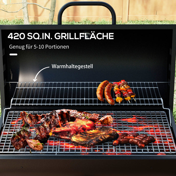 Metalkulgrill BBQ-ryger med låg, termometer, hjul, grillvogn, 95x71,5x102 cm, sort