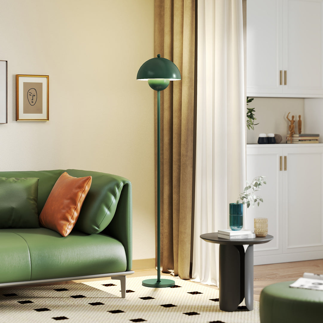 Gulvlampe, rund skærm, fodkontakt, lang kabel, elegant look, stål, grøn