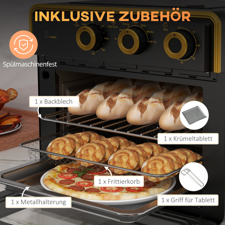 Miniovn, 20 liter, oliefri stegning, grillning, bagning, konvektion, 90-230° c, timer, 1400w, sort+guld