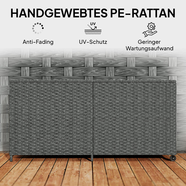 Rattan opbevaringskasse 650L, vejrbestandig, UV-bestandig, hyndekasse med låg, hjul, opbevaringsplads 150 x 75 x 74 cm, mørkegrå
