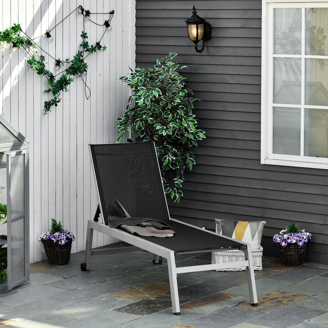 Solseng, havestol, justerbar ryglæn med 5 positioner, aluminium, sort, 202 x 65 x 43 cm