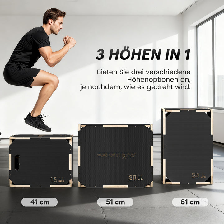 3-i-1 Plyo Box, hoppeboks med håndtagsåbninger, til hjemmefitness og udendørs træning, 3 hoppehøjder, træ, sort