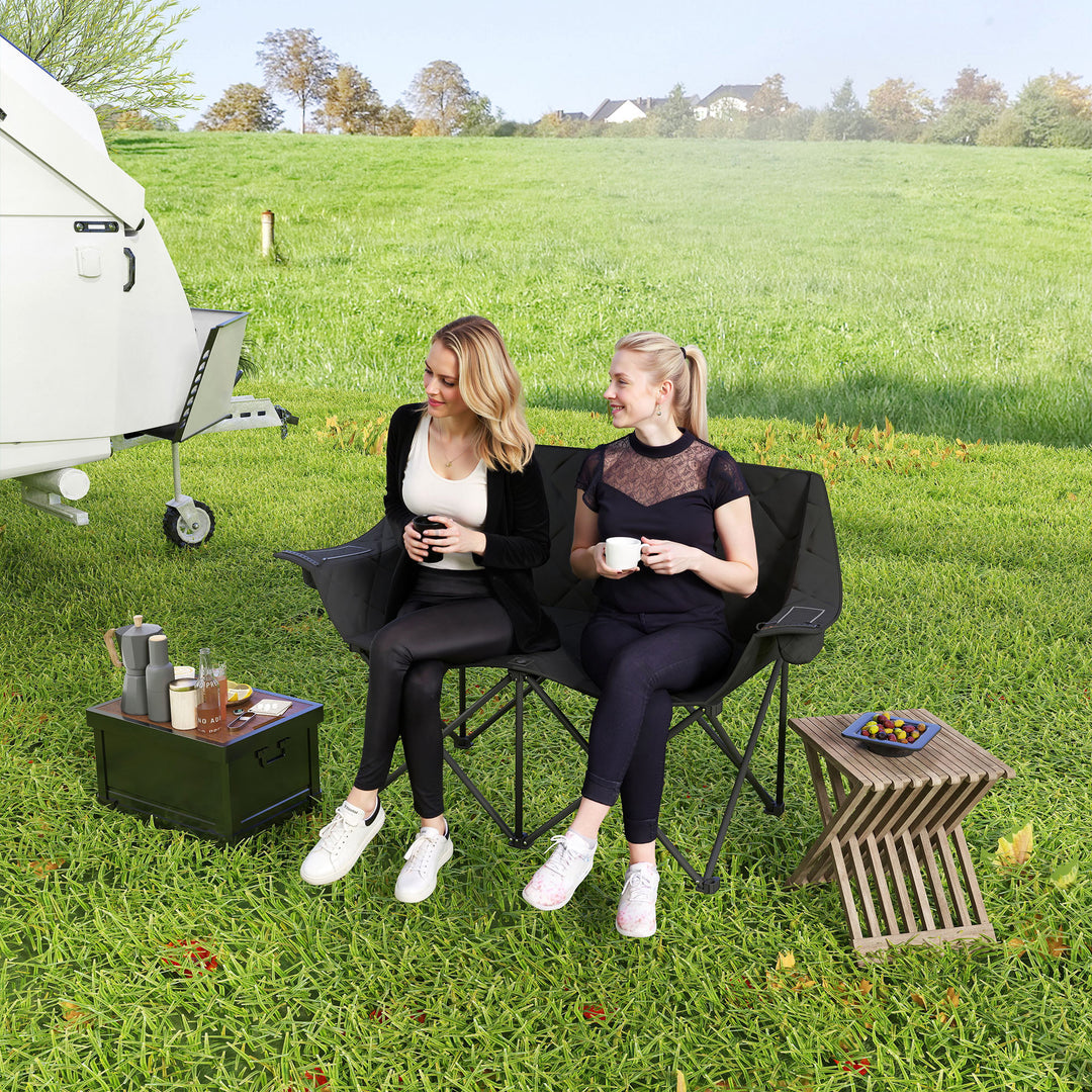 Klapstol, foldbar 2-personers campingstol med bæretaske, udendørs, lasteevne op til 250 kg, 145 x 60 x 92 cm, sort