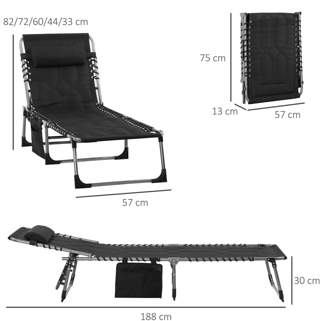 Sammenklappelig liggestol, havestol med hynde, justerbar ryglæn med 5 positioner, stålstel, Oxford-stof, sort, 188 x 57 x 30 cm