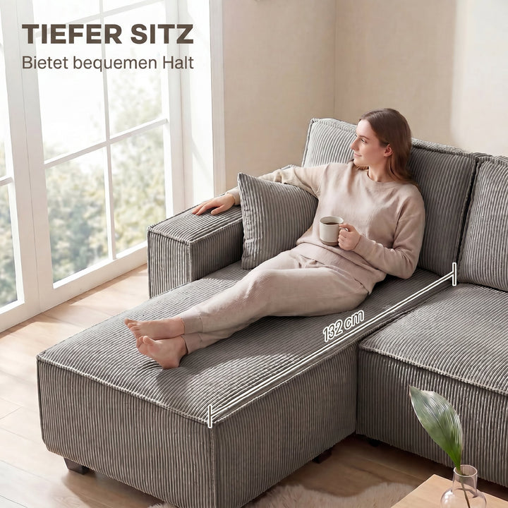 Hjørnesofa med dobbelt chaiselong, U-formet sofa i corduroystof med bredt og dybt sæde, hynder med fjederkerne, lysegrå