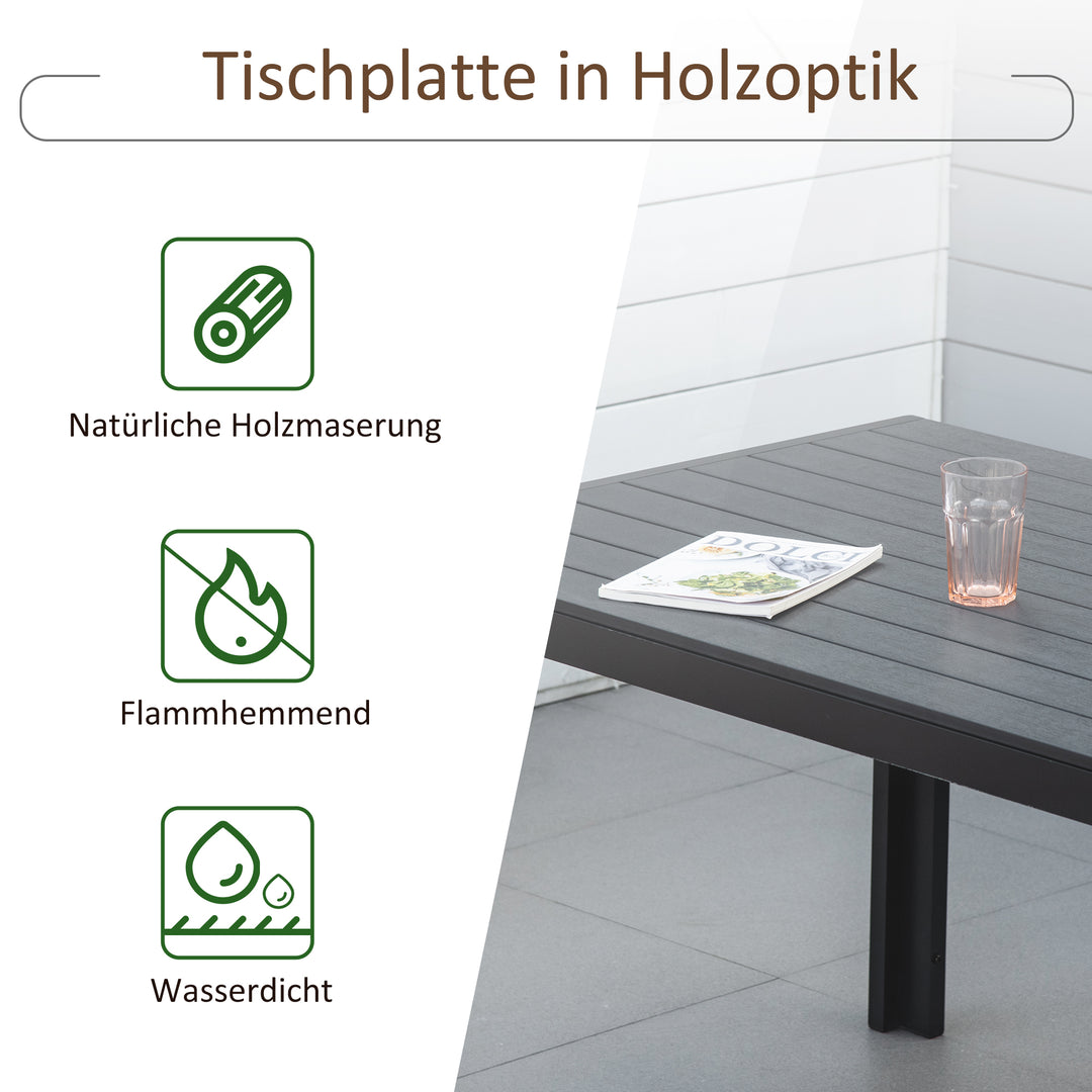 Havebord i plastik, vejrbestandig, trælook, udendørs spisebord til haven, 190 x 84,5 x 72 cm, balkon sort