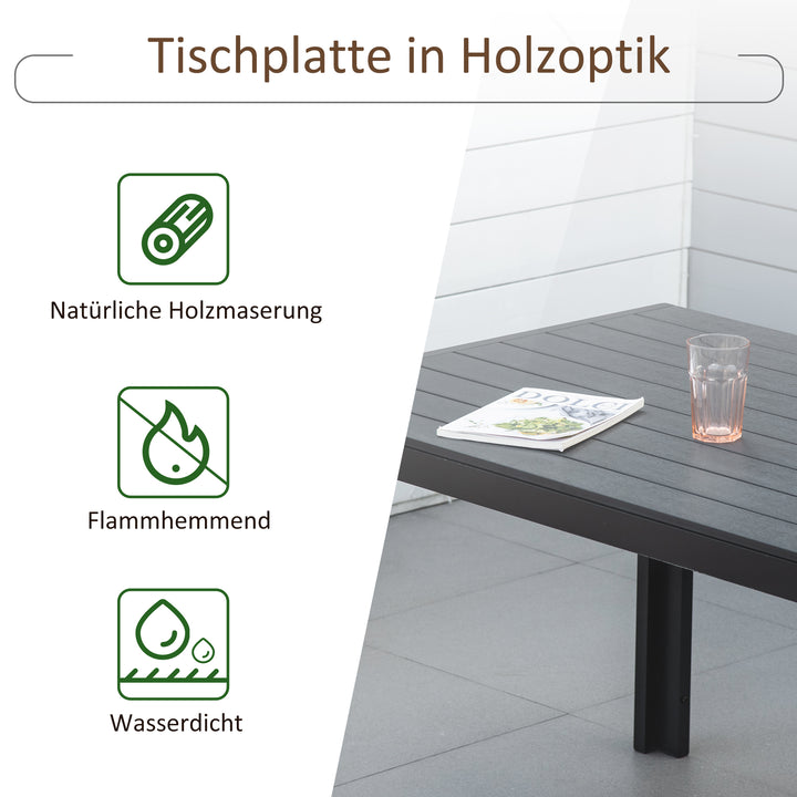 Havebord i plastik, vejrbestandig, trælook, udendørs spisebord til haven, 190 x 84,5 x 72 cm, balkon sort