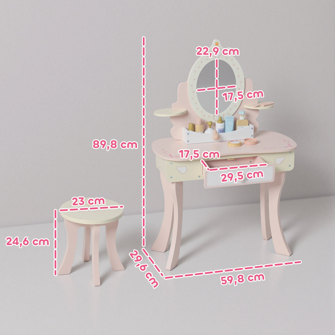 Børnesminkebord, stol, skuffe, aftageligt spejl, børneskrivebord med 7 tilbehør, 2-i-1 design, MDF, pink