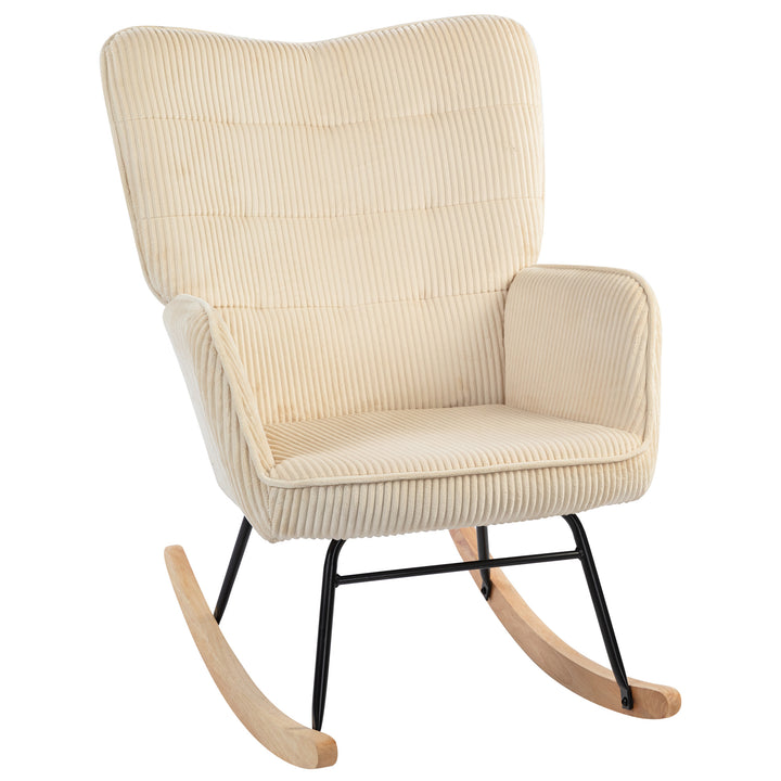Vintage gyngestol, buede løbere, tykt polstring, bøgetræ og stål, beige