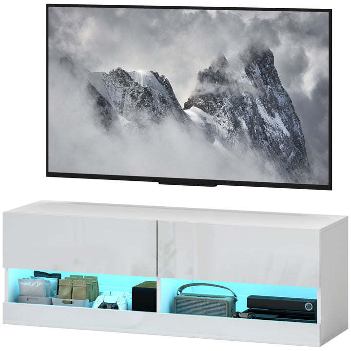Tv-skab med led-belysning, 16 blinkende tilstande, vægmonteret tv-skab, åbne hylder, 120 x 35 x 40,5 cm, hvid