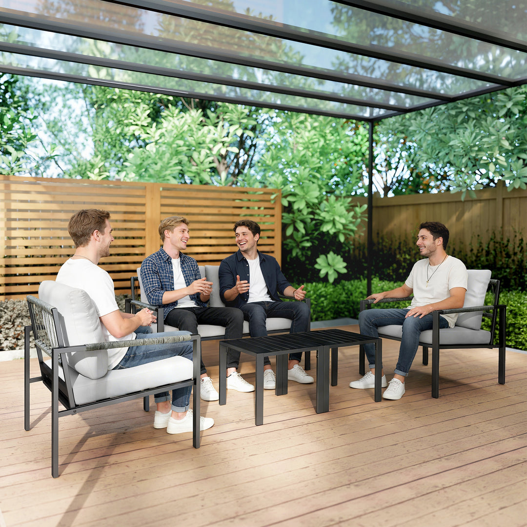 Havemøbelsæt til 4 personer, vejrbestandigt balkonmøbelsæt med 2-personers sofa, lænestol, sædehynder og sidebord, lysegrå