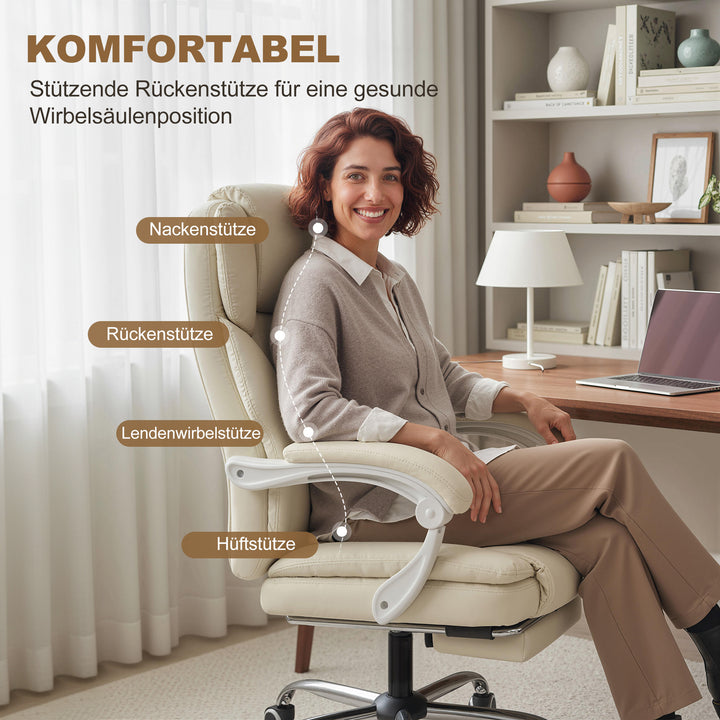 Kontorstol med lænefunktion, skrivebordsstol, højdejusterbar drejestol med fodstøtte, 64 x 73 x 120 cm, beige