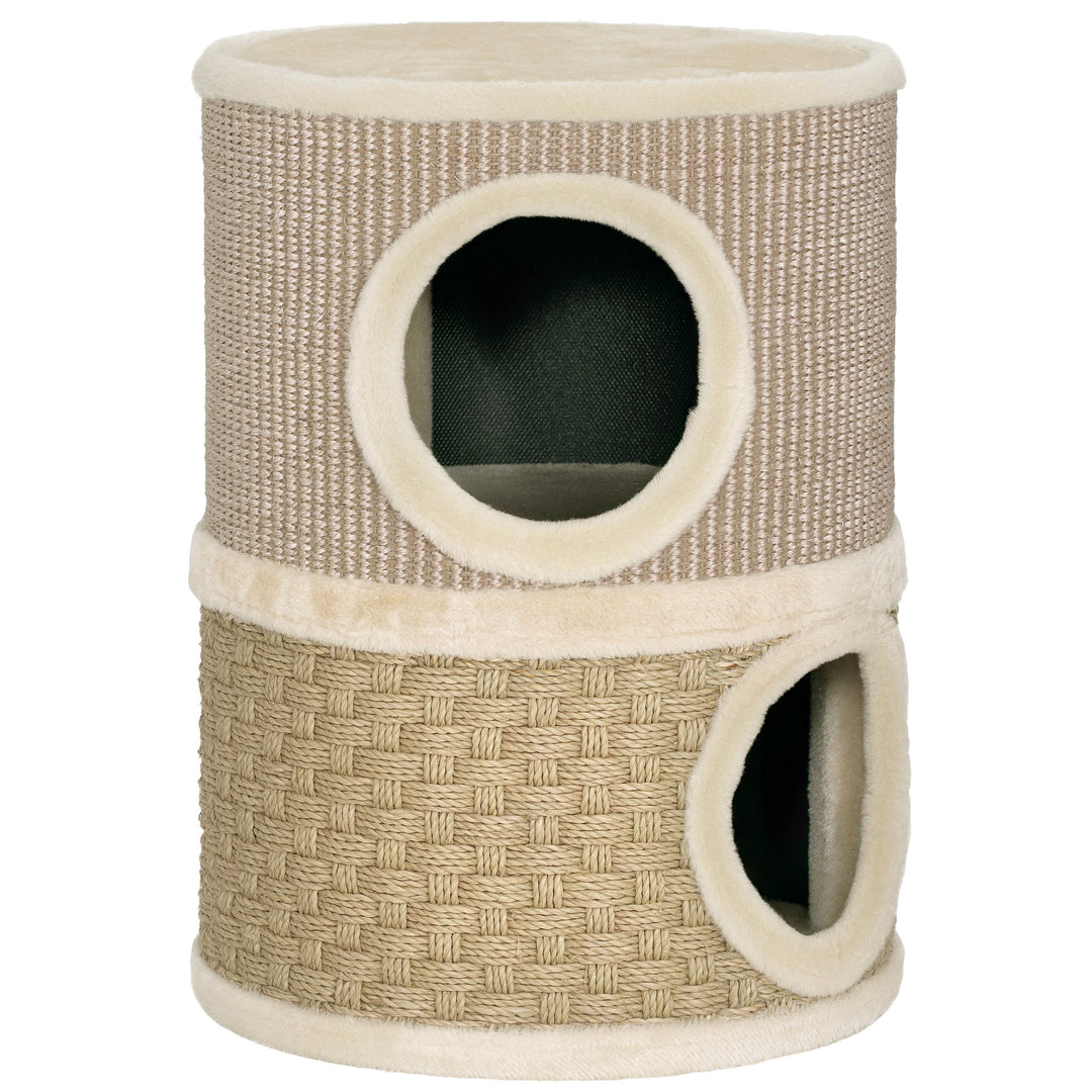 Kradsetønde, 49 cm høj, Ø35,5 cm, toetagers kattetønde med plyskant, kradsemåtte, 2 huler, khaki+kaffe