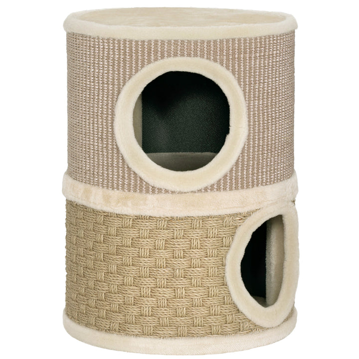 Kradsetønde, 49 cm høj, Ø35,5 cm, toetagers kattetønde med plyskant, kradsemåtte, 2 huler, khaki+kaffe