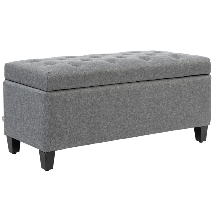 Bænk, polstret bænk med opbevaring, hørlignende polyester, gummitræ, 100 x 40 x 44 cm, lysegrå