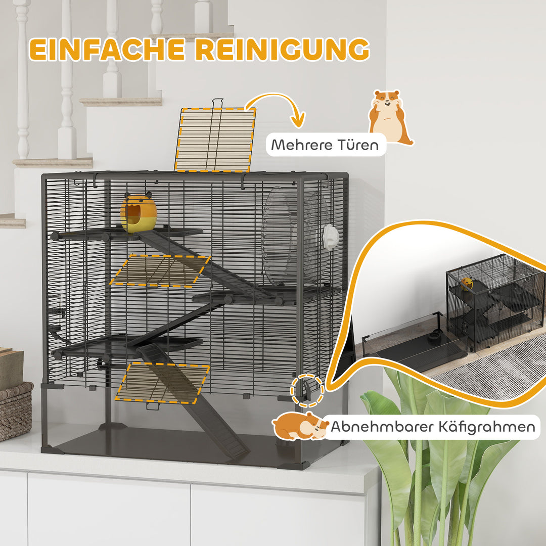 Hamsterbur med glasbund, 4-etagers hamsterbur med bur og tilbehør, 78,5l x 48,5b x 80h cm, sort